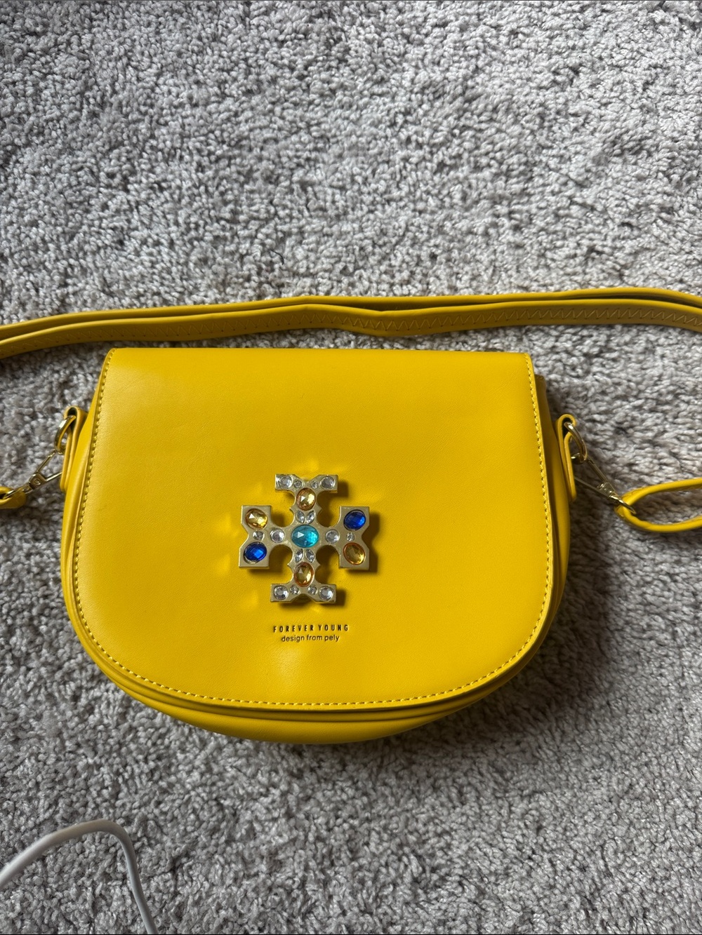 Forever Young Bright Yellow Crossbody with Jeweled Crest